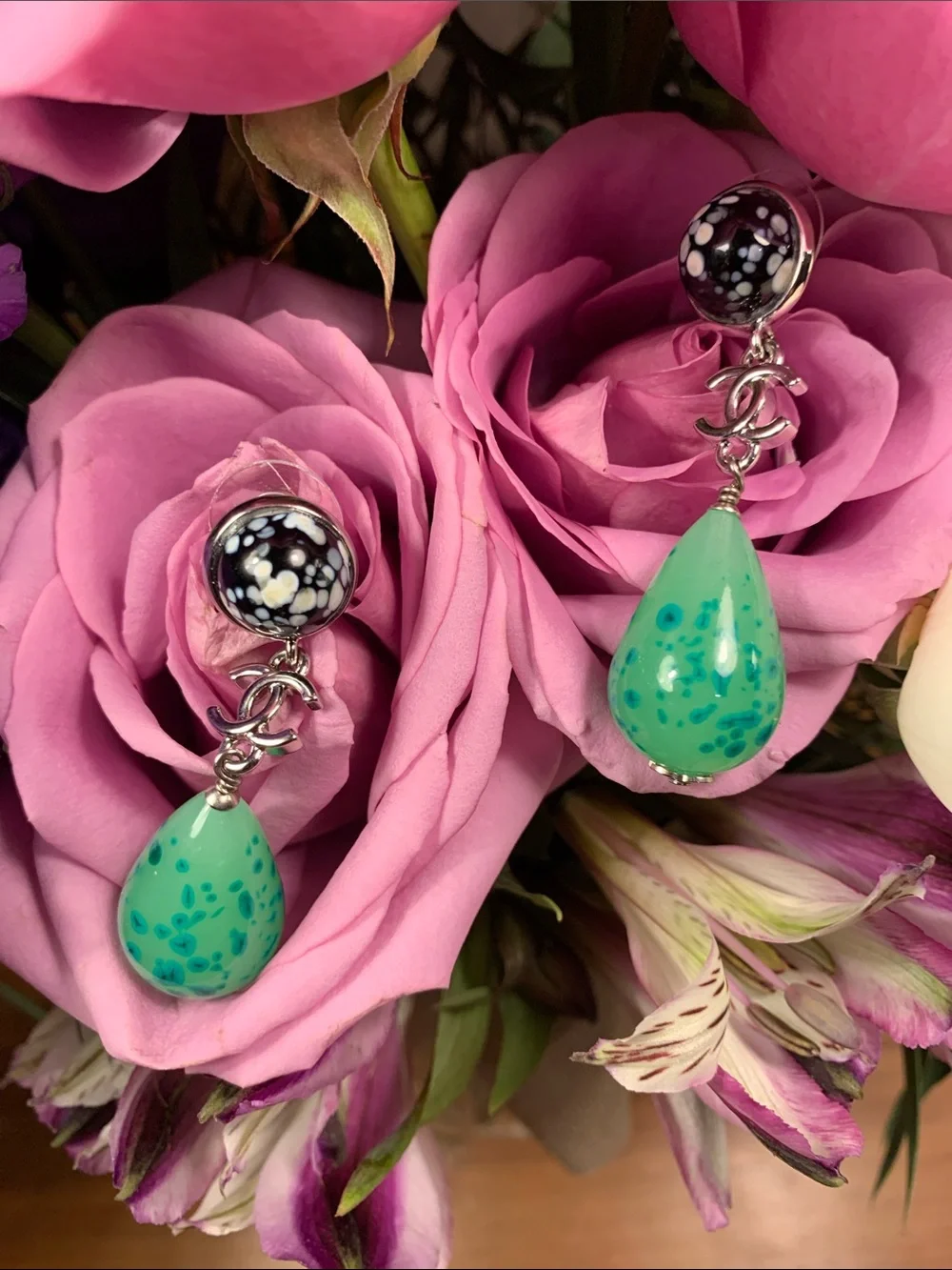 Limited edition authentic Chanel gorgeous earrings with real stones,cc logo.